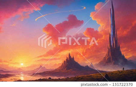 Clouds and contrails dyed in the sunset 131722370