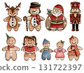 Watercolor Christmas Gingerbread Character Set with Santa, Reindeer, Snowman, and Nutcracker Illustration 131722397