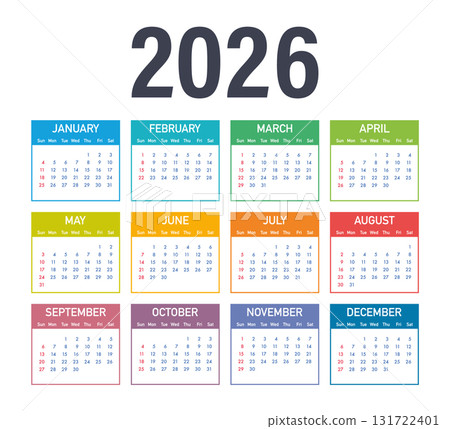 Calendar 2026 showing all twelve months colorful design 131722401