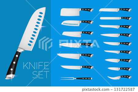 A set of realistic knives on a blue background 131722587