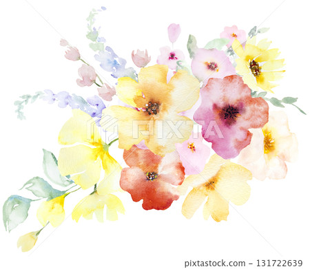 Bouquet with Watercolor pink and yellow flowers and leaves, pastel wedding isolated illustration Bouquet with Watercolor pink and yellow flowers and leaves, pastel wedding isolated illustration 131722639