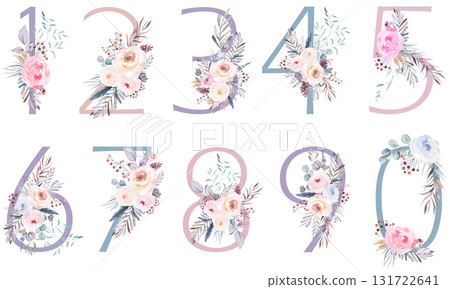 Numbers with Watercolor pastel tender flowers and leaves, Baby shower isolated illustration 131722641