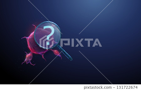 Red tumor under magnifying glass with question mark inside. Medical analysis, oncology research, disease detection, pathology investigation concept. Red tumor under magnifying glass with question mark inside. Medical analysis, oncology research, disease detection, pathology investigation concept. 131722674