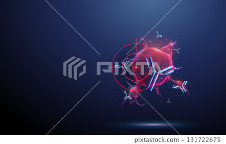 Red tumor with flying antibodies around and a target. Cancer treatment, targeted immunotherapy, monoclonal antibody therapy, precision medicine concept. Red tumor with flying antibodies around and a target. Cancer treatment, targeted immunotherapy, monoclonal antibody therapy, precision medicine concept. 131722675
