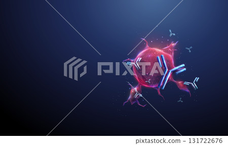 Red tumor surrounded by antibodies. Cancer treatment, immunotherapy, monoclonal antibody therapy, targeted therapy, oncology research concept. Red tumor surrounded by antibodies. Cancer treatment, immunotherapy, monoclonal antibody therapy, targeted therapy, oncology research concept. 131722676