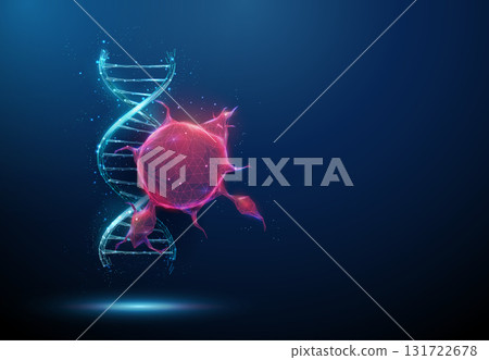 Red tumor with blue DNA. Cancer research, genetic analysis, molecular diagnostics, oncology study, precision medicine, biomedical investigation concept. 131722678