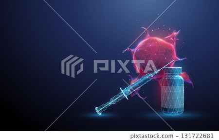 3d red tumor with a medicine bottle and a syringe. Cancer treatment, drug delivery, targeted therapy, chemotherapy, medical research, oncology study concept. 131722681