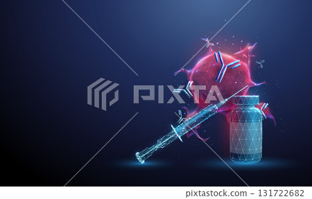 Red tumor with a medicine bottle, syringe, flying antibodies around. Cancer treatment, targeted therapy, immunotherapy, medical research, oncology study concept. 131722682