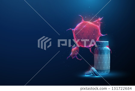 Red tumor with medicine bottle and capsules. Cancer treatment, chemotherapy, targeted therapy, hormonal therapy, oral medication, immunotherapy, oncology research concept. 131722684
