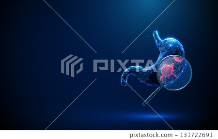 Stomach under magnifying glass with tumor inside. Gastric cancer diagnostics, disease detection, pathology investigation, biomedical study concept. Stomach under magnifying glass with tumor inside. Gastric cancer diagnostics, disease detection, pathology investigation, biomedical study concept. 131722691