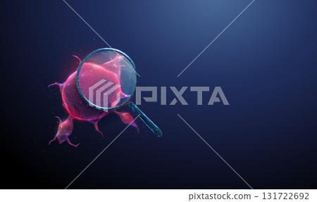 Red tumor under a magnifying glass. Cancer diagnostics, oncology research, disease detection, pathology investigation, biomedical study, health monitoring concept. 131722692