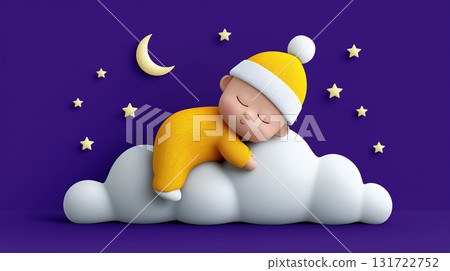 Baby peacefully sleeps in cozy yellow pajamas on soft cloud with stars and crescent moon. Calm nighttime setting with deep purple background. Concept of childcare, sleep products, baby accessories. Baby peacefully sleeps in cozy yellow pajamas on soft cloud with stars and crescent moon. Calm nighttime setting with deep purple background. Concept of childcare, sleep products, baby accessories. 131722752