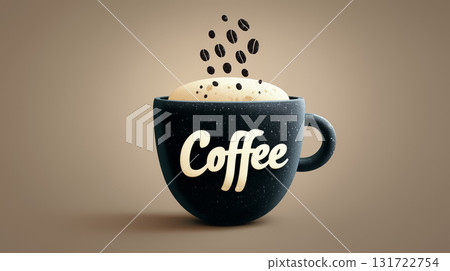 Stylish coffee cup displays fresh brew with froth and coffee beans appearing above. Smooth beige background enhances focus on cup design. Concept of cafes, coffee shops, branding. 131722754