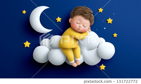 Boy in yellow pajamas sleeps peacefully on fluffy white clouds. Charming blue background features crescent moon and stars. Concept of children's bedtime, sleep aids, nursery decor. 131722772