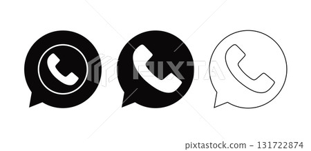 Phone Call Icons Solid Black, Solid White, and Outline on White Background. 131722874