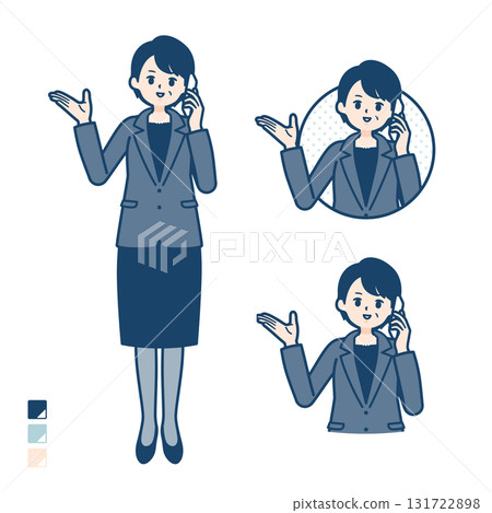 Illustration of a middle-aged business woman talking on a smartphone 131722898