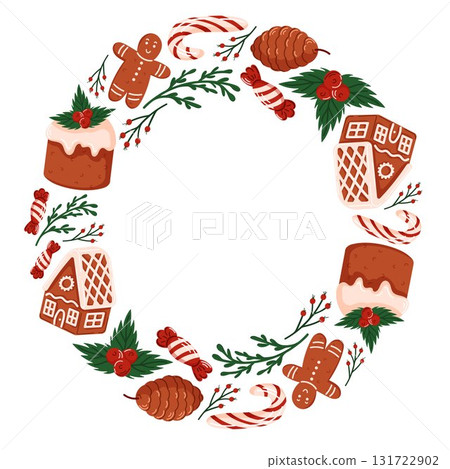 Festive wreath made of gingerbread cookie, candy cane, pine cone, holly and Christmas cake arranged in a circle on a white background symbolizing holiday celebration and winter joy in cartoon style. Festive wreath made of gingerbread cookie, candy cane, pine cone, holly and Christmas cake arranged in a circle on a white background symbolizing holiday celebration and winter joy in cartoon style. 131722902