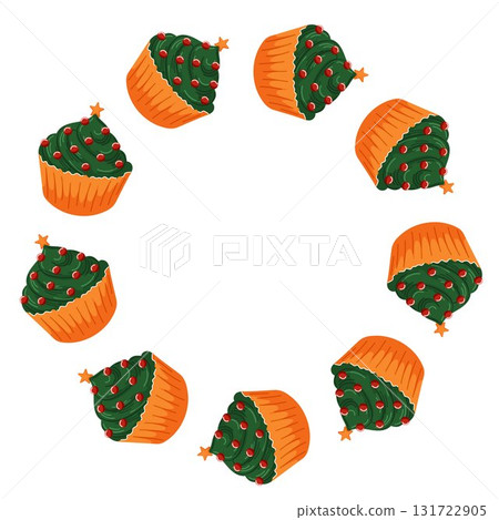 Festive wreath made of Christmas cupcake decorated with green frosting red berries and golden star arranged in a circular pattern. Design for holiday sweetness and joy in cartoon style. Festive wreath made of Christmas cupcake decorated with green frosting red berries and golden star arranged in a circular pattern. Design for holiday sweetness and joy in cartoon style. 131722905
