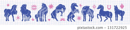 Horse New Year 2026 symbol, hand drawn animal silhouette collection, mystic lunar lucky sign print.  131722925