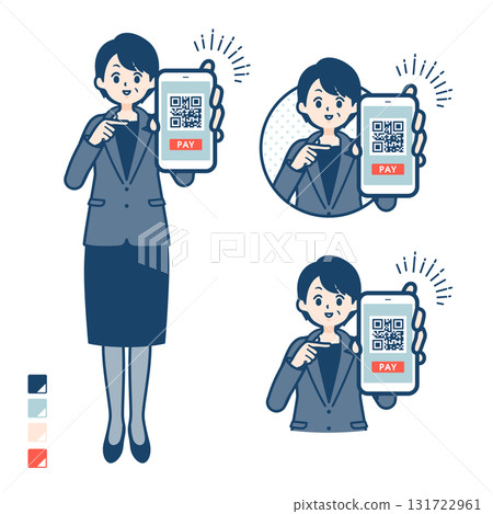 Illustration of a middle-aged business woman making a cashless payment with a smartphone 131722961