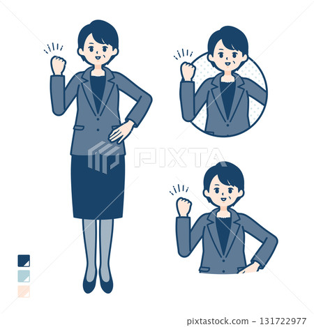 Illustration of a middle-aged business woman doing a fist pump 131722977