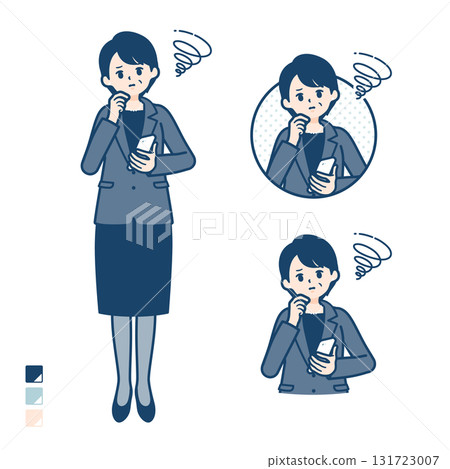 一位中年女商人拿著智慧型手機遇到麻煩的插圖 一位中年女商人拿著智慧型手機遇到麻煩的插圖 131723007