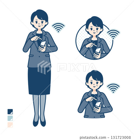 Illustration of a middle-aged business woman operating a smartphone 131723008