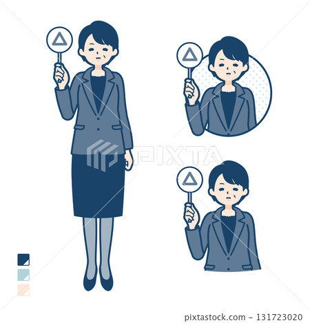 Illustration of a middle-aged business woman putting out a triangular sign panel 131723020
