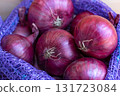 Red Onion Lying On Wooden Background, Harvest Season, spice. 131723084