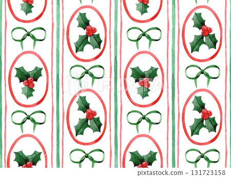 Retro Christmas seamless pattern. Watercolor illustration, striped print. 131723158
