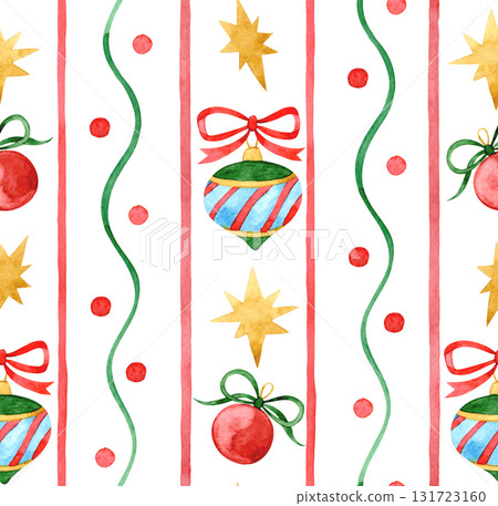 Retro Christmas seamless pattern. Watercolor illustration, striped print. Retro Christmas seamless pattern. Watercolor illustration, striped print. 131723160