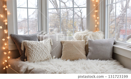 Cozy reading nook in a winter setting with warm lights and soft pillows by the window 131723199
