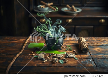 Halloween cauldron with green magic potion and steam 131723240