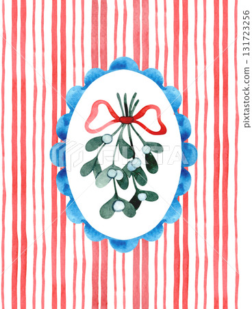 Retro style Christmas card. Watercolor illustration of a Christmas plant in a frame on a striped background. 131723256