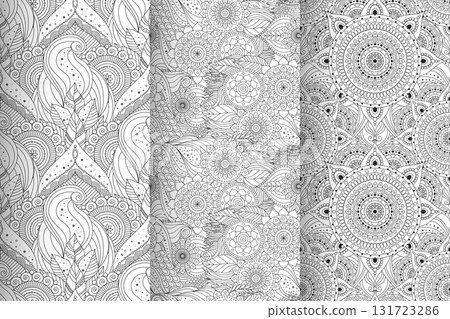 Floral and abstract ornaments in ethnic seamless patterns set black and white Floral and abstract ornaments in ethnic seamless patterns set black and white 131723286