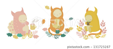 Set with drawings of cartoon characters, cute monsters at a cozy picnic Set with drawings of cartoon characters, cute monsters at a cozy picnic 131723287