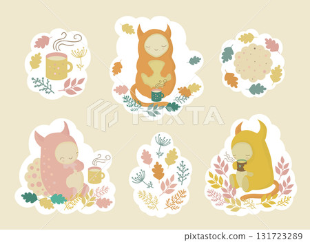 Set of stickers with friendly monsters, cups of tea and cookies, cozy picnic 131723289