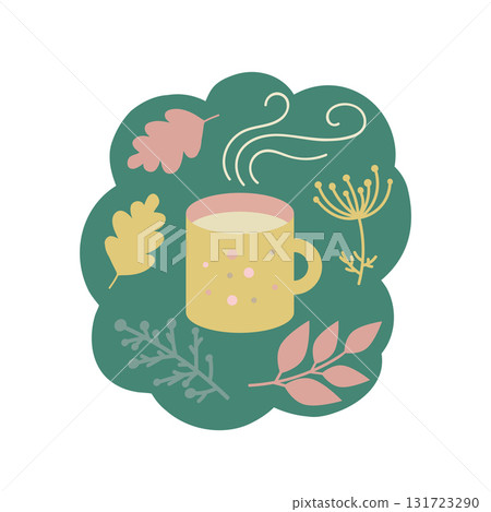 Cozy autumn mug of tea or coffee, and leaves in a flat cartoon design 131723290