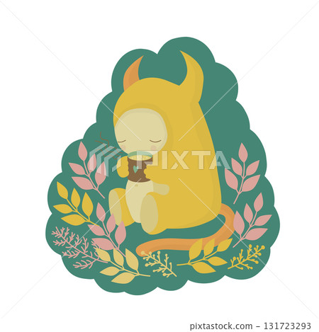 Cozy autumn picnic in the park with a cute cartoon character yellow monster Cozy autumn picnic in the park with a cute cartoon character yellow monster 131723293