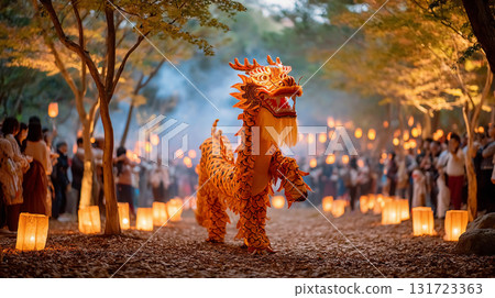 Festive celebration featuring a vibrant dragon dance surrounded by lanterns in a wooded location during twilight Festive celebration featuring a vibrant dragon dance surrounded by lanterns in a wooded location during twilight 131723363