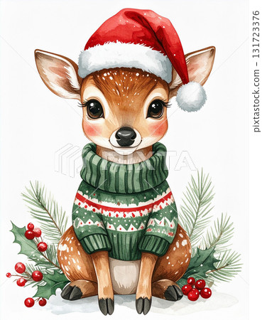 Cute deer wearing a red Christmas hat and a sweater sits among holly and pine, capturing the festive spirit in a charming watercolor illustration Cute deer wearing a red Christmas hat and a sweater sits among holly and pine, capturing the festive spirit in a charming watercolor illustration 131723376