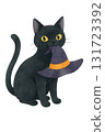 Illustration of a black cat holding a witch's hat 131723392