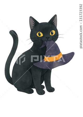 一隻黑貓拿著女巫的帽子的插圖 一隻黑貓拿著女巫的帽子的插圖 131723392
