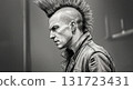 Pencil sketch of a punk rock man with his hair styled up in a mohawk 131723431