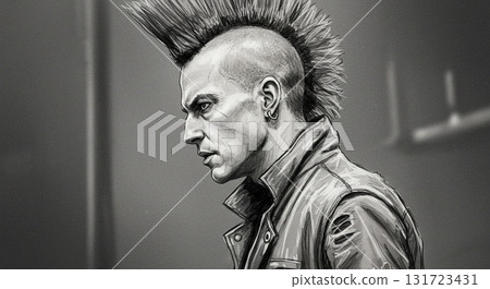 Pencil sketch of a punk rock man with his hair styled up in a mohawk 131723431