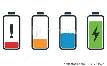 SEO Title: Battery Charge Level Indicator Icon Set Vector. Phone Power and Energy Status Symbols. 131723524