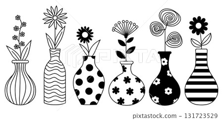 SEO Title: Flowers in Patterned Vases Doodle Collection Vector. Hand Drawn Floral Coloring Page. SEO Title: Flowers in Patterned Vases Doodle Collection Vector. Hand Drawn Floral Coloring Page. 131723529