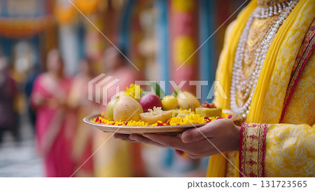 Celebrating a traditional Indian festival with offerings of fruits and flowers in a vibrant temple setting adorned with colorful decorations during a cultural event 131723565