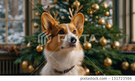 Cute corgi with antler headband poses in front of a decorated Christmas tree surrounded by gold ornaments in a cozy indoor setting during winter 131723566