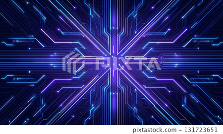Vibrant blue and purple digital circuitry design emanating from the center, showcasing a futuristic technology concept with intricate details and glowing lines Vibrant blue and purple digital circuitry design emanating from the center, showcasing a futuristic technology concept with intricate details and glowing lines 131723651